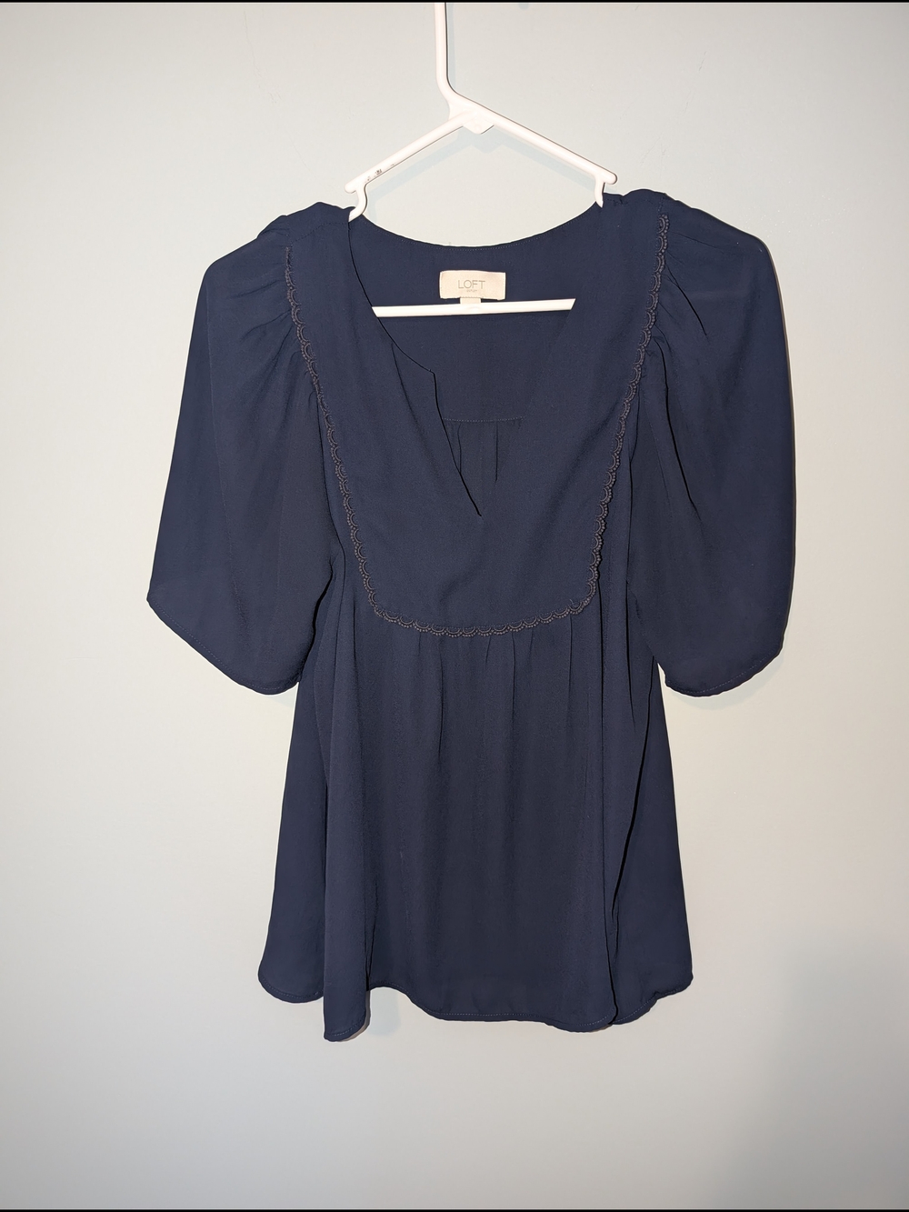 LOFT Navy Puff-Sleeve Peasant Top